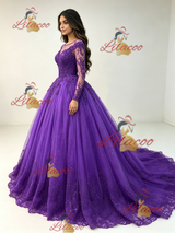 Purple Tulle Long Sleeve Appliques Quinceanera Dress