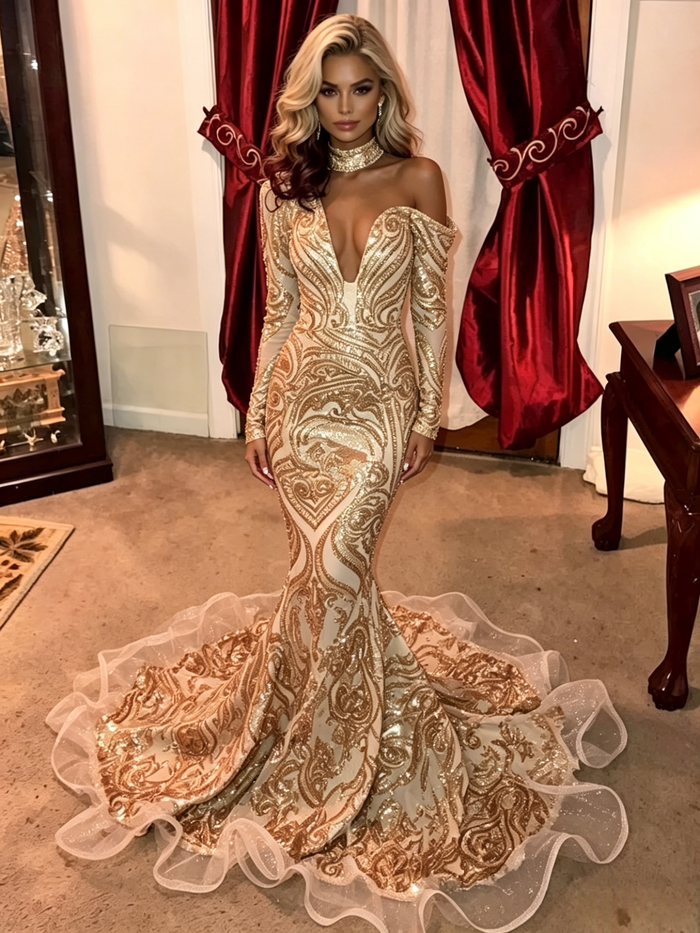 Gold Mermaid Sequins Long Sleeve Prom Dress