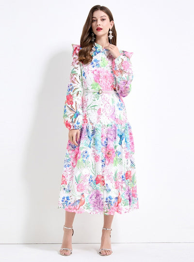 Printed Bubble Sleeve Long Dress