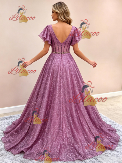A-Line Purple Sequins Straps Prom Dress
