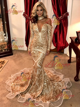 Gold Mermaid Sequins Long Sleeve Prom Dress