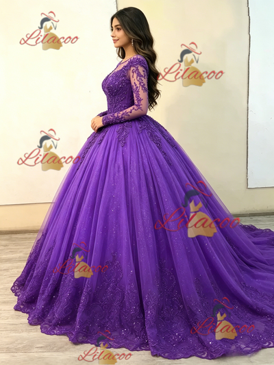 Purple Tulle Long Sleeve Appliques Quinceanera Dress