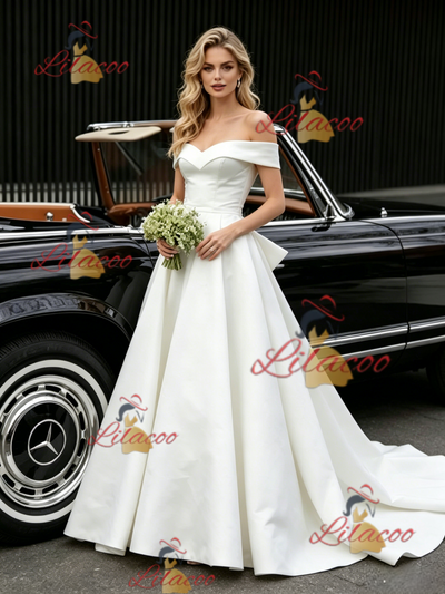 White Satin Off the Shoulder Wedding Dress