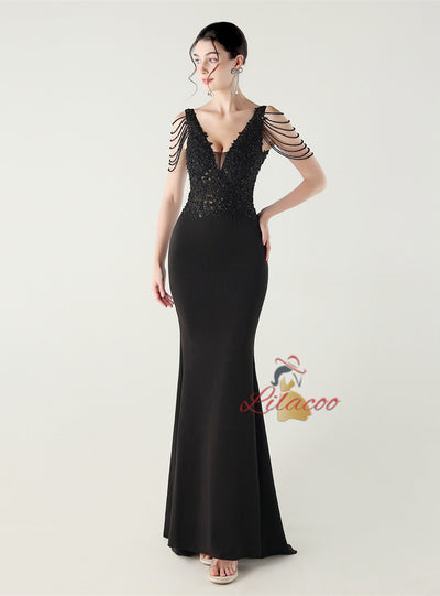 Mermaid V-neck Appliques Beading Prom Dress