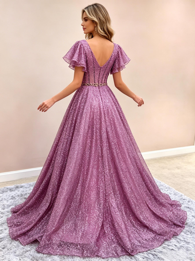 A-Line Purple Sequins Straps Prom Dress