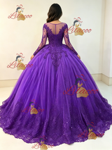 Purple Tulle Long Sleeve Appliques Quinceanera Dress