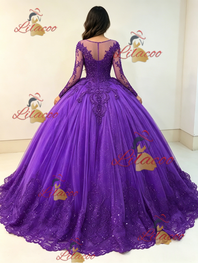 Purple Tulle Long Sleeve Appliques Quinceanera Dress
