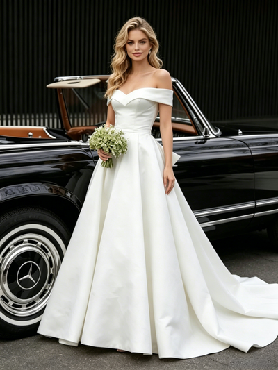 White Satin Off the Shoulder Wedding Dress