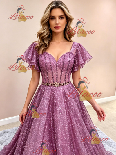 A-Line Purple Sequins Straps Prom Dress