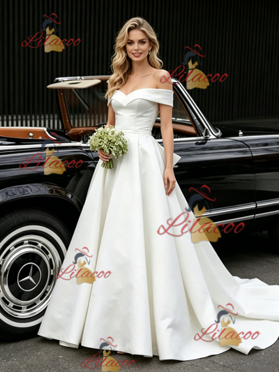 White Satin Off the Shoulder Wedding Dress