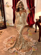Gold Mermaid Sequins Long Sleeve Prom Dress