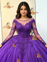Purple Tulle Long Sleeve Appliques Quinceanera Dress