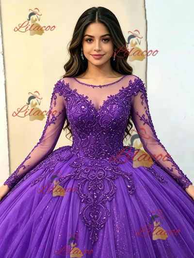 Purple Tulle Long Sleeve Appliques Quinceanera Dress