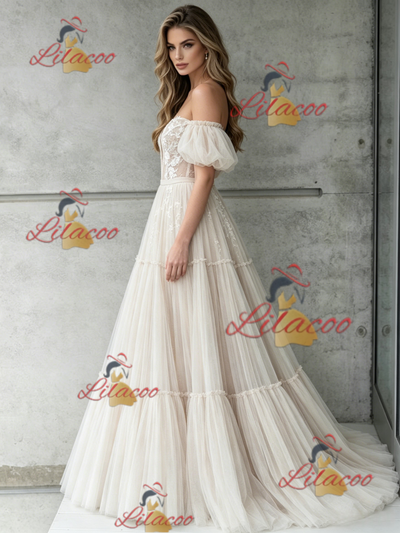 Ivory Tulle Lace Off the Shoulder Wedding Dress