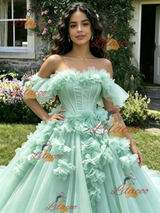 Grene Tulle Off the Shoulder 3D Flower Quinceanera Dress