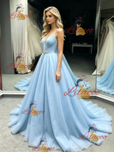 Blue Tulle Spaghetti Straps Prom Dress