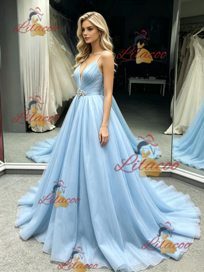 Blue Tulle Spaghetti Straps Prom Dress