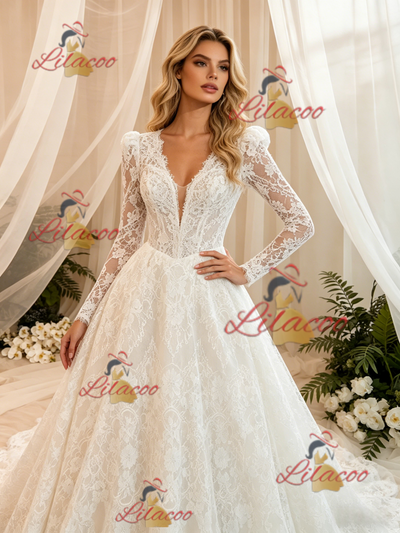 White Lace Long Sleeve V-neck Wedding Dress