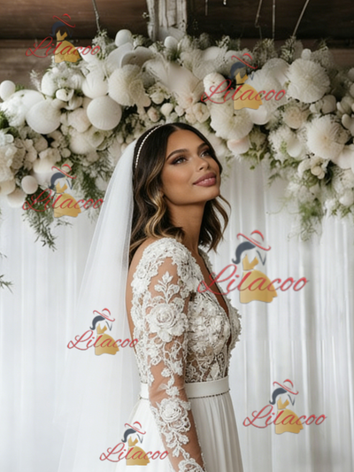 White Chiffon Appliques Long Sleeve Wedding Dress