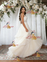 Beige White Tulle V-neck Wedding Dress