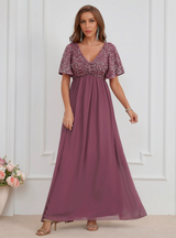 V-neck Sequined Chiffon Dress