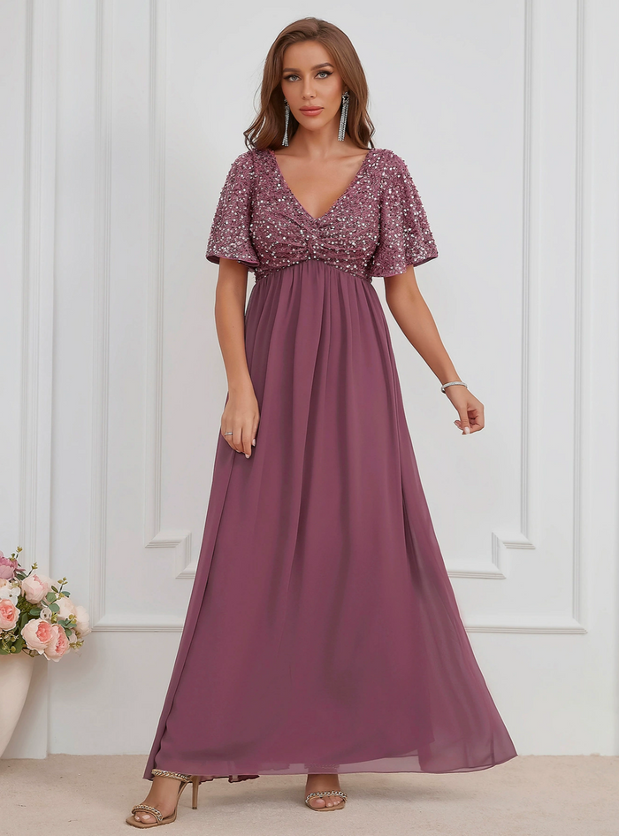 V-neck Sequined Chiffon Dress