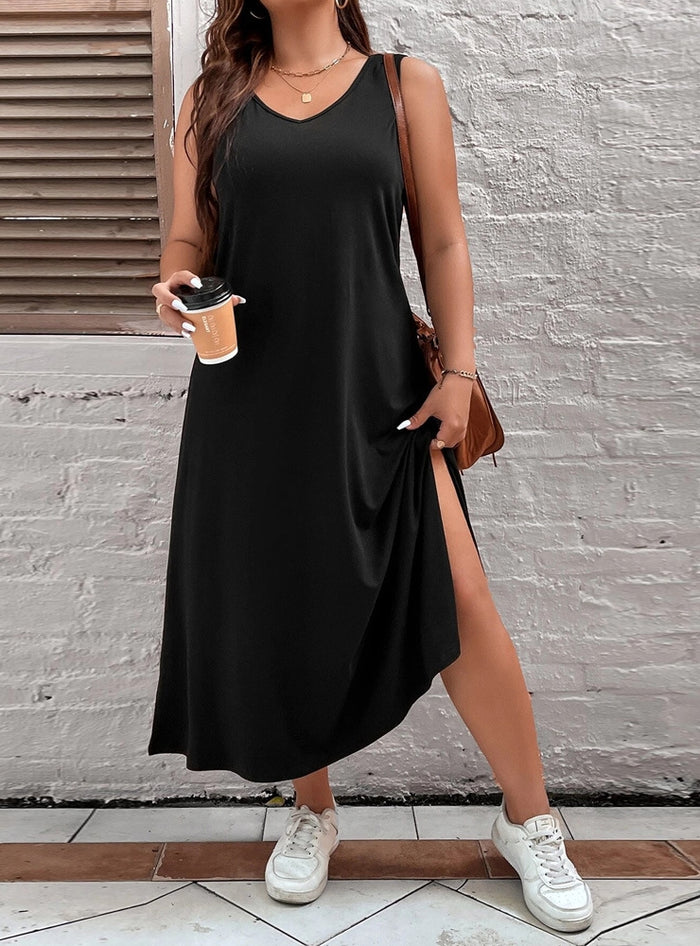 Loose Solid Color Sleeveless Vest V-neck Dress
