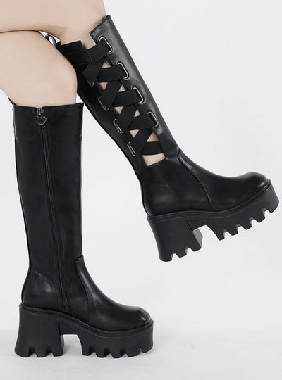 Black Round-headed Cross-strap Thick-soled Boots