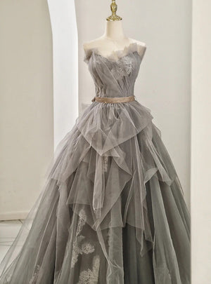 Gray Tulle Lace Pleats Prom Dress