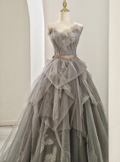 Gray Tulle Lace Pleats Prom Dress