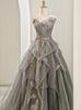 Gray Tulle Lace Pleats Prom Dress