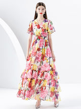 V-neck Flared Sleeve Printed Long Dress