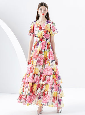 V-neck Flared Sleeve Printed Long Dress