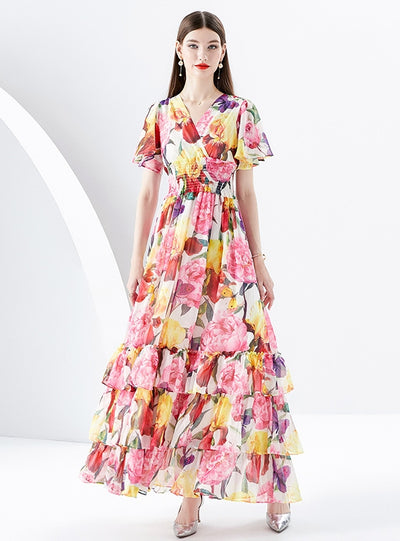 V-neck Flared Sleeve Printed Long Dress