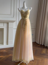 Champagne Tulle Straps Beading Prom Dress