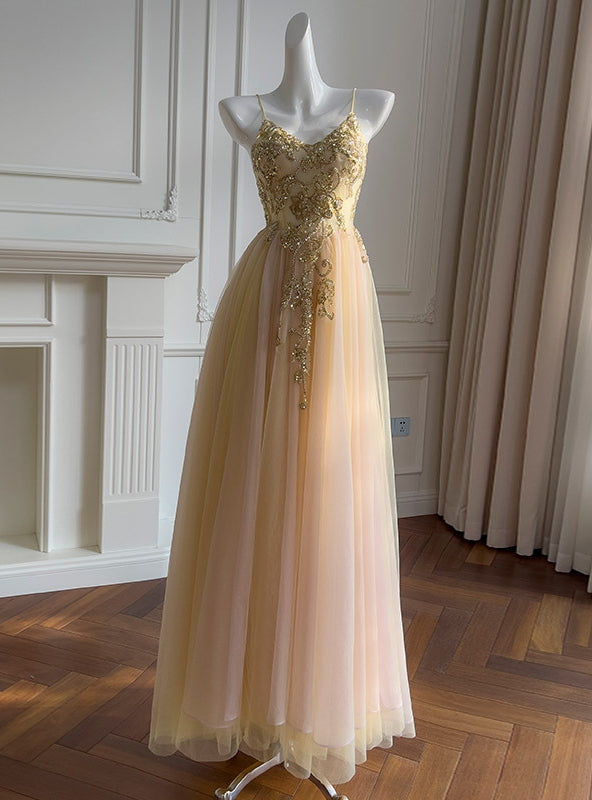 Champagne Tulle Straps Beading Prom Dress