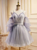 Purple Tulle Straps Long Sleeve Homecoming Dress