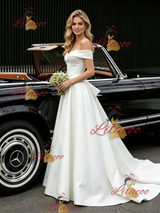 White Satin Off the Shoulder Wedding Dress