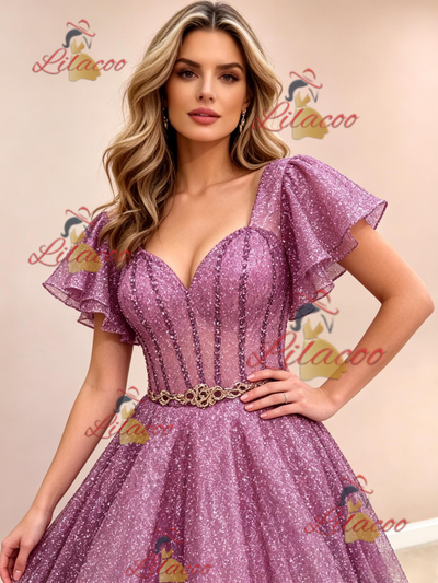 A-Line Purple Sequins Straps Prom Dress
