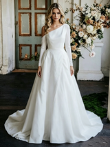 White One Shoulder Long Sleeve Wedding Dress