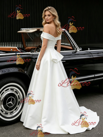 White Satin Off the Shoulder Wedding Dress
