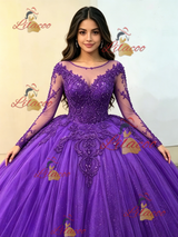 Purple Tulle Long Sleeve Appliques Quinceanera Dress