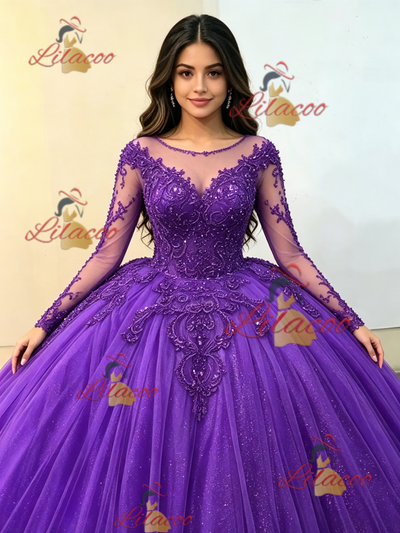 Purple Tulle Long Sleeve Appliques Quinceanera Dress