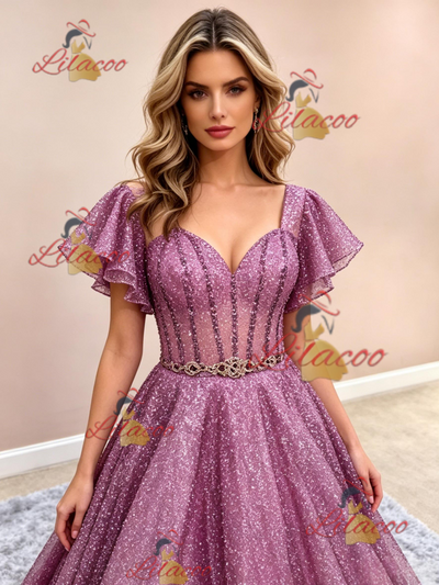 A-Line Purple Sequins Straps Prom Dress