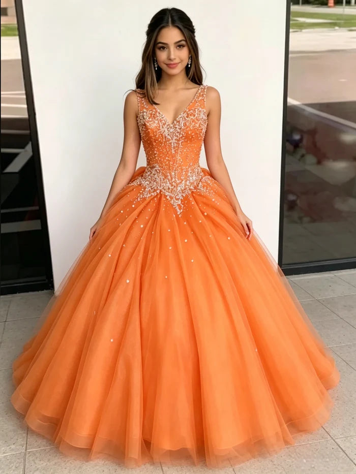 Orange Tulle V-neck Beading Quinceanera Dress