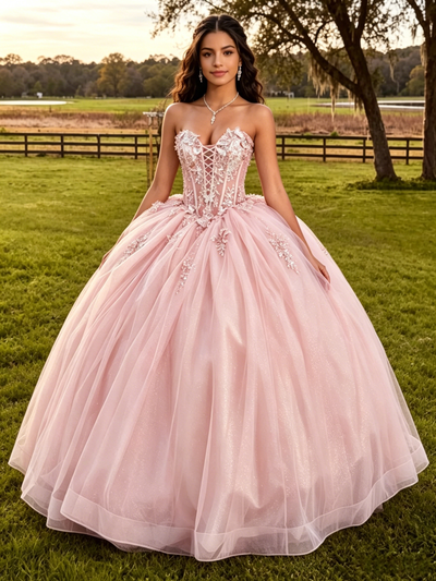 Pink Tulle Strapless Appliques Quinceanera Dress