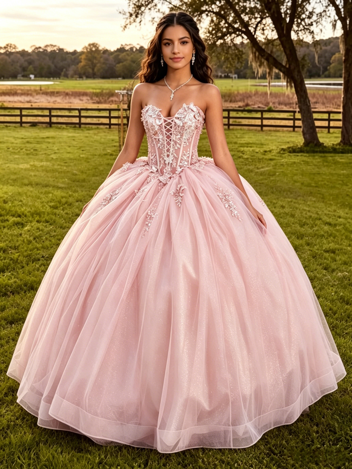 Pink Tulle Straplss Appliques Quinceanera Dress