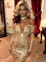 Gold Mermaid Sequins Long Sleeve Prom Dress