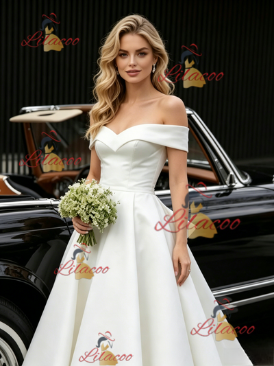White Satin Off the Shoulder Wedding Dress