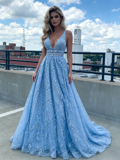 Blue V-neck Lace Prom Dress